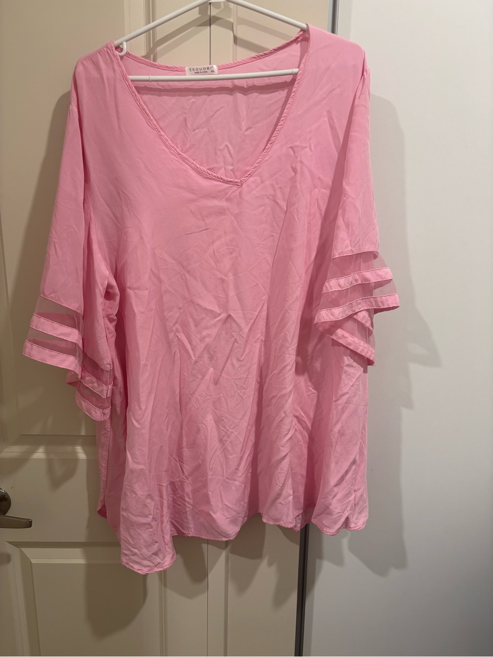 Pink V-Neck Ruffle Sleeve Bathing Suit Cover.